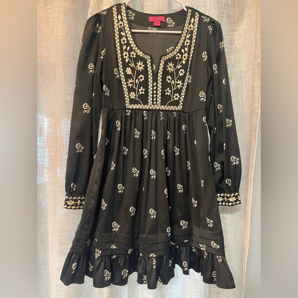 Monsoon Black Mini Dress with Cream Floral Embroidery